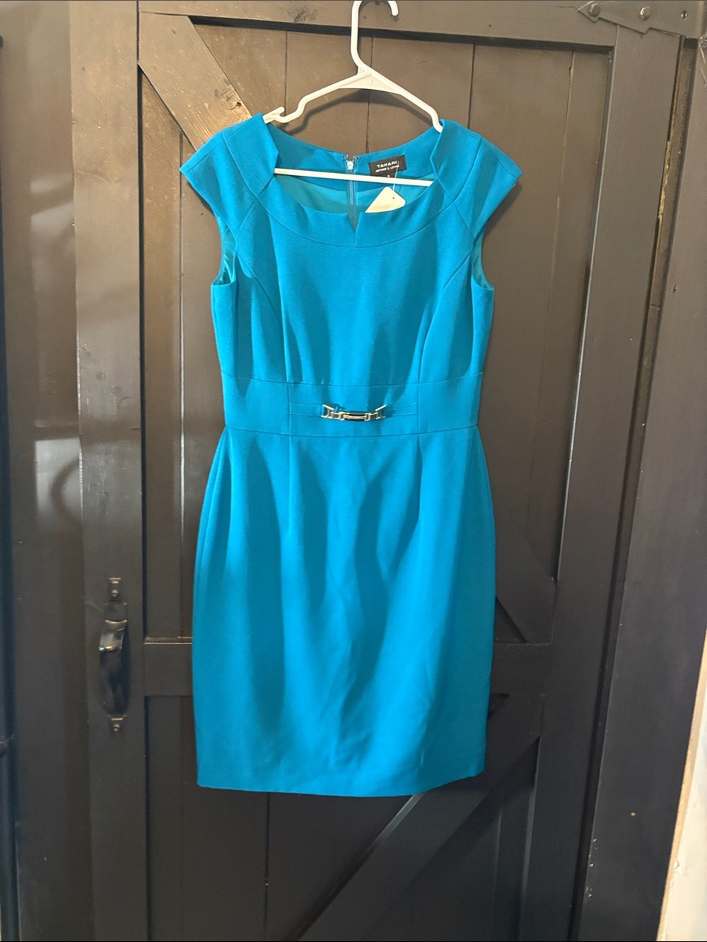 Tahari Teal Cap Sleeve Midi Sheath Dress with Decorative Buckle